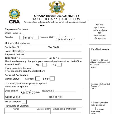 Document preview: Tax Relief Form Gra — tax, Ghana