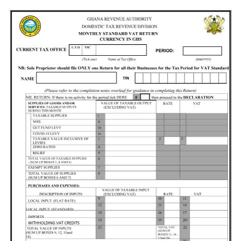 Document preview: Vat Nhil Covid 19 Standard Rate Return Form — tax, Ghana (CERFA n°DT-0135)
