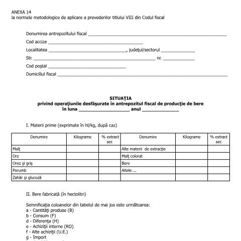 Document preview: Anexa 14 la normele metodologice de aplicare a prevederilor titlului VIII din Codul fiscal - Situașia privind operațiunile desfășurate în antrepozitul fiscal de producție de bere - (HG 1/2016) — Alte documente, România (CERFA n°A14_NMT8CF)