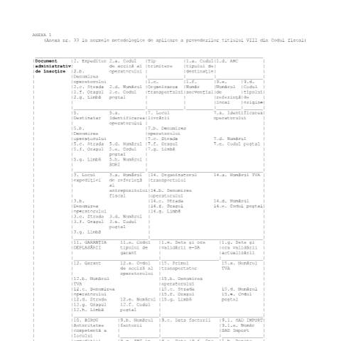 Document preview: Anexa 33 la normele metodologice de aplicare a prevederilor titlului VIII din Codul fiscal - Document administrativ de însoțire - (HG 1/2016) — Alte documente, România (CERFA n°A33_NMT8CF)