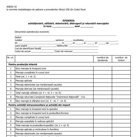 Document preview: Anexa 42 la normele metodologice de aplicare a prevederilor titlului VIII din Codul fiscal - Evidența achiziționării, utilizării, deteriorării, distrugerii și returnării marcajelor - (HG 1/2016) — Alte documente, România (CERFA n°A42_NMT8CF)