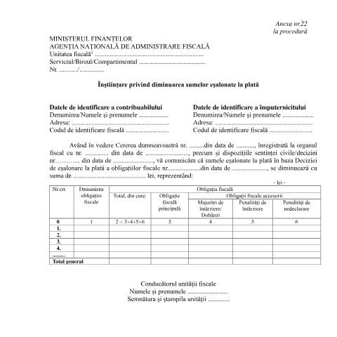 Document preview: Înștiințare privind diminuarea sumelor eșalonate la plată (OPANAF 1767/2021) — Documente emise, România (CERFA n°A22_OPANAF_1767_2021)