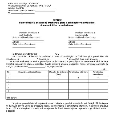 Document preview: Decizie de modificare a deciziei de amânare la plată a penalităților de întârziere și a penalităților de nedeclarare (OPANAF 90/2016) — Documente emise, România (CERFA n°A29p_OPANAF_90_2016)