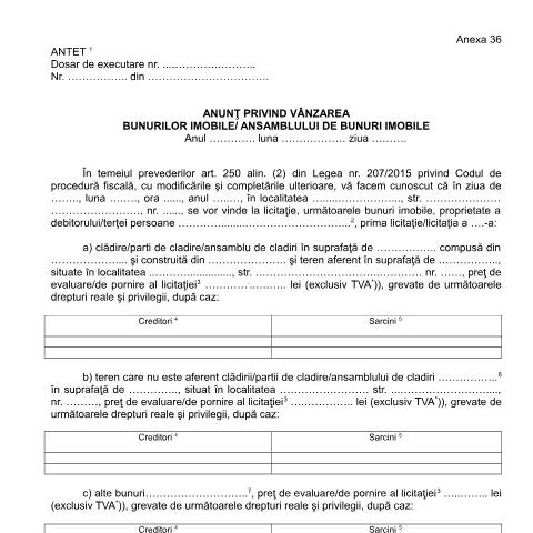 Document preview: Anunț privind vânzarea bunurilor imobile/ansamblului de bunuri imobile (OPANAF 63/2017) — Documente emise, România (CERFA n°A36_OPANAF_63_2017)