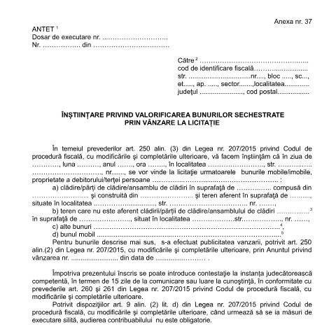Document preview: Înștiințare privind valorificarea bunurilor sechestrate prin vânzare la licitație (OPANAF 63/2017) — Documente emise, România (CERFA n°A37_OPANAF_63_2017)