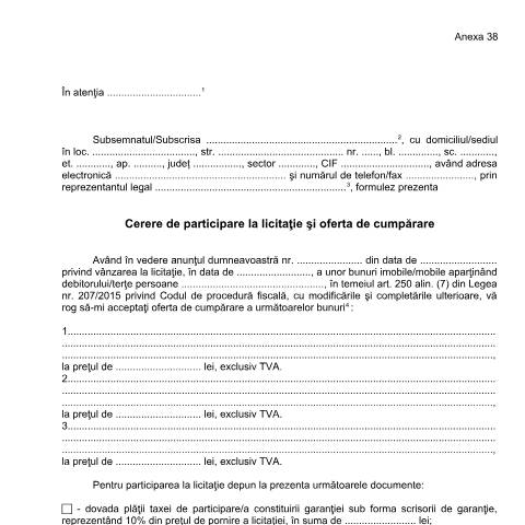 Document preview: Cerere de participare la licitație și oferta de cumpărare (OPANAF 63/2017) — Cereri, România (CERFA n°A38_OPANAF_63_2017)