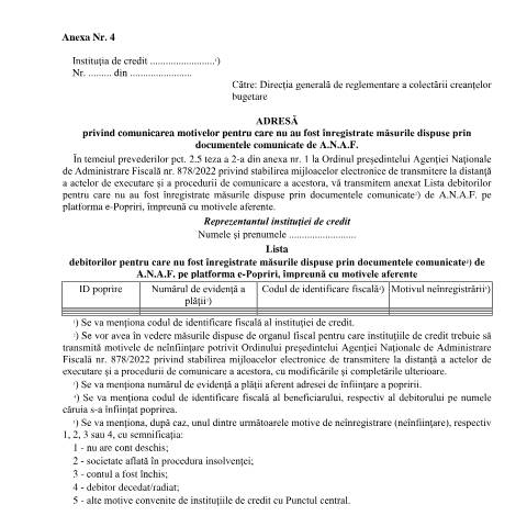 Document preview: Adresă privind comunicarea motivelor pentru care nu au fost înregistrate măsurile dispuse prin documentele comunicate de A.N.A.F. (OPANAF 878/2022) — Documente emise, România (CERFA n°A4_OPANAF_878_2022)