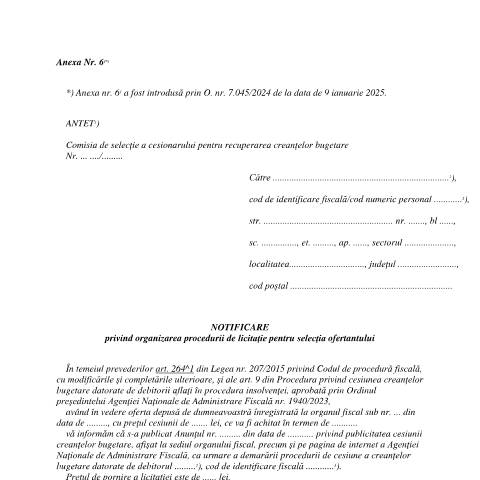 Document preview: Notificare privind organizarea procedurii de licitație pentru selecția ofertantului (OPANAF 1940/2023) — Documente emise, România (CERFA n°A6%5E1_OPANAF_1940_2023)