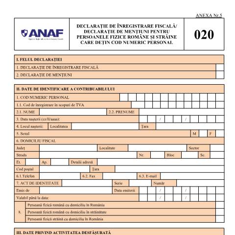 Document preview: Declarație de înregistrare fiscală/Declarație de mențiuni pentru persoanele fizice române și străine care dețin cod numeric personal (OPANAF 1699/2021, cu modificările și completările ulterioare) — Declarații de înregistrare fiscală, România (CERFA n°D_020_OPANAF_15_2026)