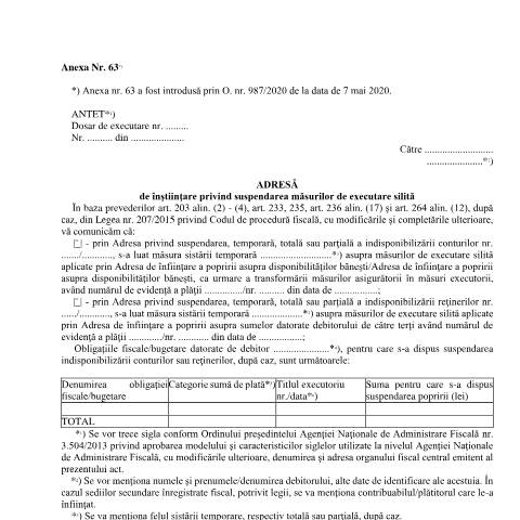 Document preview: Adresă de înștiințare privind suspendarea măsurilor de executare silită (OPANAF 63/2017, OPANAF 967/2017) — Documente emise, România (CERFA n°A63_OPANAF_63_2017)