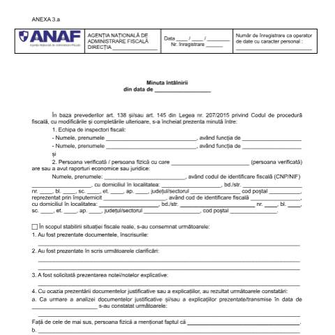 Document preview: Minuta întâlnirii (OPANAF 2117/2018) — Documente emise, România (CERFA n°A3_OPANAF_2117_2018)