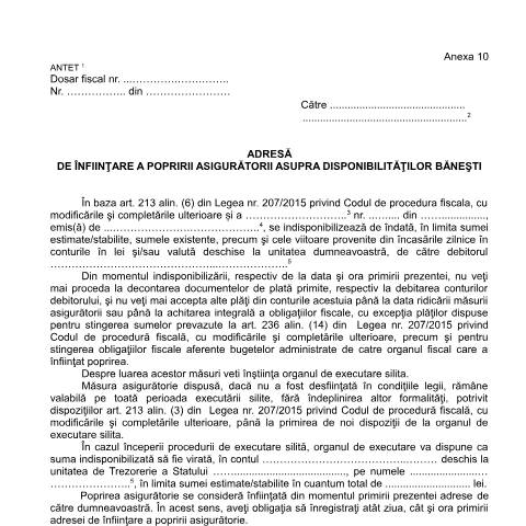 Document preview: Adresă de înființare a popririi asigurătorii asupra disponibilităților bănești (OPANAF 63/2017) — Documente emise, România (CERFA n°A10_OPANAF_63_2017)
