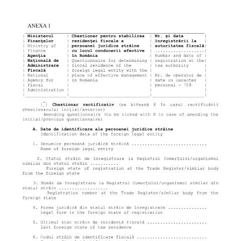 Document preview: Chestionar pentru stabilirea rezidenței fiscale a persoanei juridice străine cu locul conducerii efective în România / Questionnaire for determining fiscal residence of the foreign legal entity with the place of effective management in Romania (OMFP 577/2021) — Chestionare, România (CERFA n°A1_OMF_577_2021)