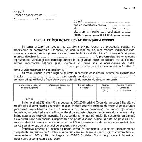 Document preview: Adresă de înștiințare privind înființarea popririi (OPANAF 63/2017) — Documente emise, România (CERFA n°A27_OPANAF_63_2017)
