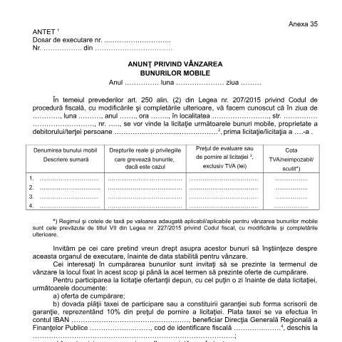 Document preview: Anunț privind vânzarea bunurilor mobile (OPANAF 63/2017) — Documente emise, România (CERFA n°A35_OPANAF_63_2017)