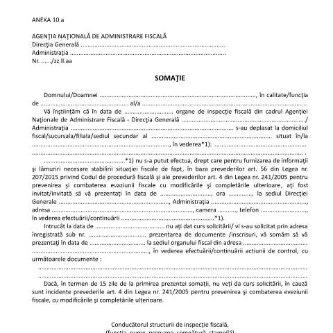 Document preview: Somație (OPANAF 3711/2015) — Documente emise, România (CERFA n°O3711_15_A10)