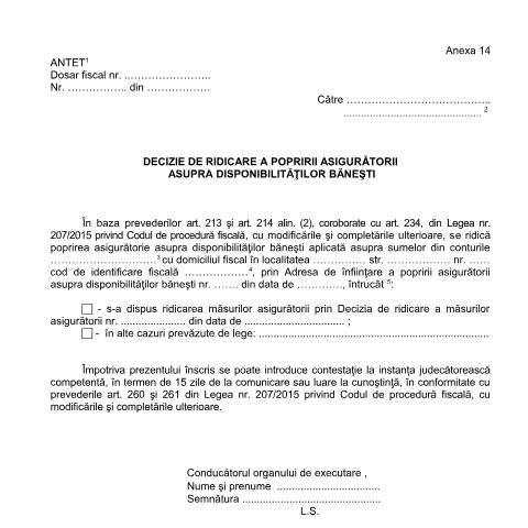 Document preview: Decizie de ridicare a popririi asigurătorii asupra disponibilităților bănești (OPANAF 63/2017) — Documente emise, România (CERFA n°A14_OPANAF_63_2017)