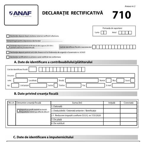 Document preview: Declarație rectificativă (OPANAF 587/2016, cu modificările și completările ulterioare) — Declarații impunere, România (CERFA n°D710_OPANAF_649_2025)