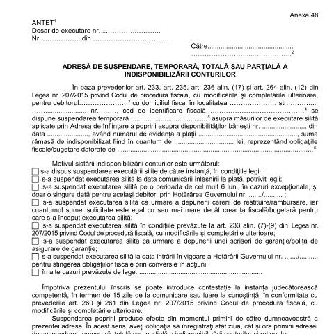 Document preview: Adresă de suspendare, temporară, totală sau parțială a indisponibilizării conturilor (OPANAF 63/2017) — Documente emise, România (CERFA n°A48_OPANAF_63_2017)