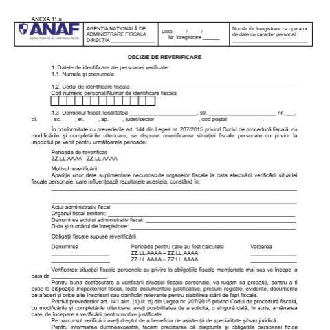 Document preview: Decizie de reverificare (OPANAF 2117/2018) — Documente emise, România (CERFA n°A11_OPANAF_2117_2018)