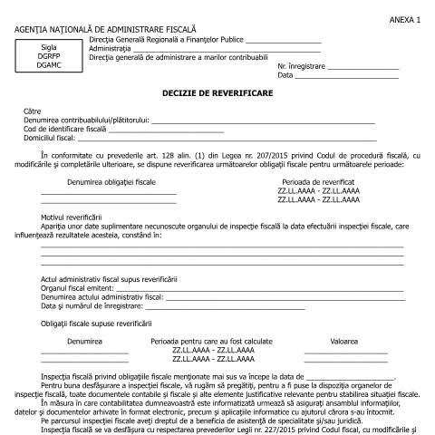Document preview: Decizie de reverificare (OPANAF 825/2016) — Documente emise, România (CERFA n°A1A2_OPANAF_825_2016)