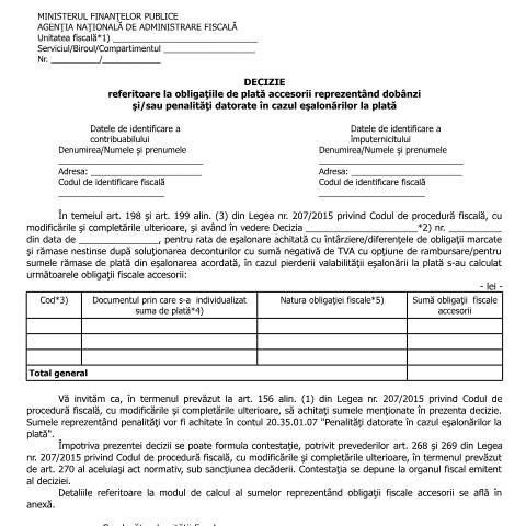 Document preview: Decizie referitoare la obligațiile de plată accesorii reprezentând dobânzi și/sau penalități datorate în cazul eșalonărilor la plată (OPANAF 90/2016) — Documente emise, România (CERFA n°A15p_OPANAF_90_2016)
