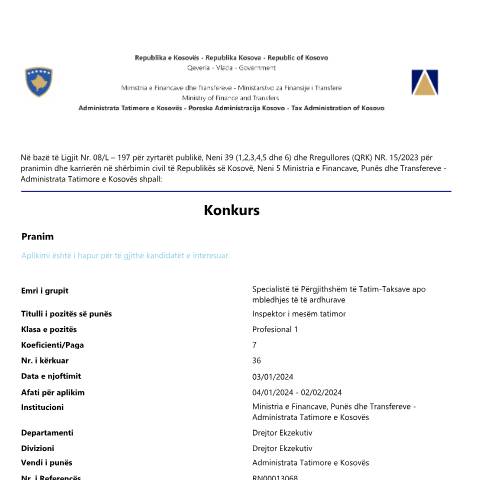 Document preview: Njoftim për rekrutim — Employment, Kosovë