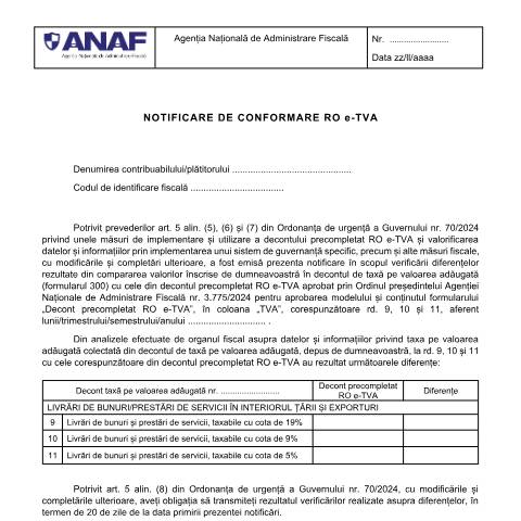 Document preview: Notificare de conformare RO e-TVA (OPANAF 6234/2024) — Documente emise, România (CERFA n°A1_OPANAF_6234_2024)