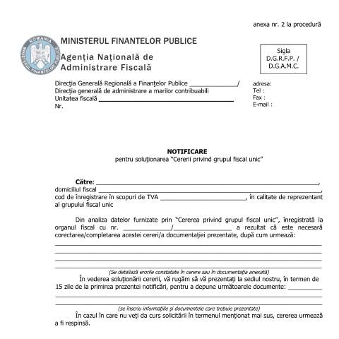 Document preview: Notificare pentru soluționarea "Cererii privind grupul fiscal unic" (OPANAF 3006/2016, cu modiifcările și completările ulterioare) — Documente emise, România (CERFA n°A2P_OPANAF_3006_2016)