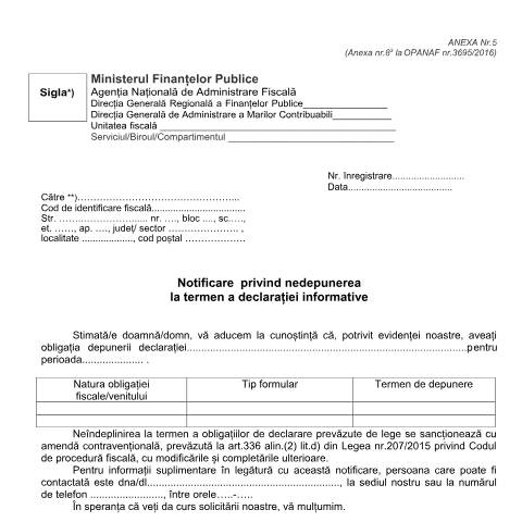 Document preview: Notificare privind nedepunerea la termen a declarației informative (OPANAF 3695/2016, cu modificările și completările ulterioare) — Documente emise, România (CERFA n°A5_OPANAF_3726_2017)