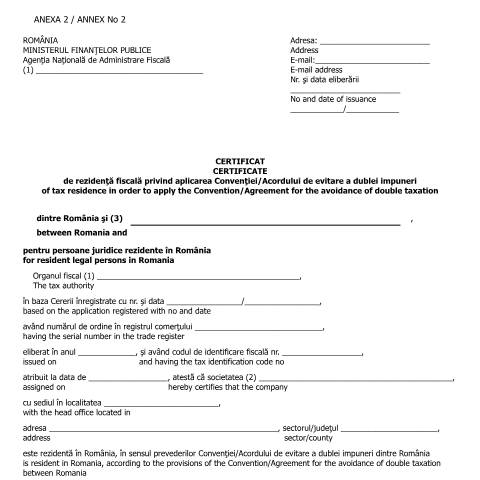 Document preview: Certificat de rezidență fiscală privind aplicarea Convenției/Acordului de evitare a dublei impuneri dintre România și ..., pentru persoane juridice rezidente în România (OMFP 583/2016) — Documente emise, România (CERFA n°A2_OMFP_583_2016)