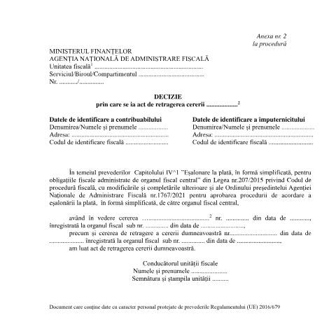 Document preview: Decizie prin care se ia act de retragerea cererii (OPANAF 1767/2021) — Documente emise, România (CERFA n°A2_OPANAF_1767_2021)