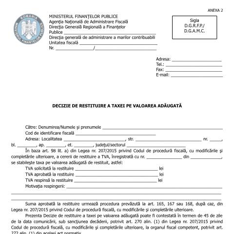 Document preview: Decizie de restituire a taxei pe valoarea adăugată (OPANAF 1559/2016) — Documente emise, România (CERFA n°A2_OPANAF_1559_2016)