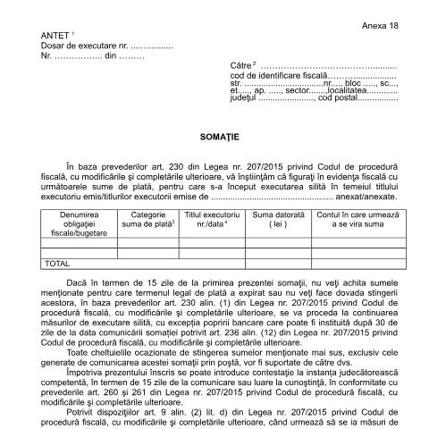 Document preview: Somație (OPANAF 63/2017) — Documente emise, România (CERFA n°A18_OPANAF_63_2017)