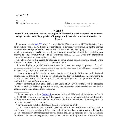 Document preview: Adresă pentru înștiințarea instituțiilor de credit privind sumele rămase de recuperat, ca urmare a stingerilor efectuate, din popririle înființate prin mijloace electronice de transmitere la distanță (OPANAF 878/2022) — Documente emise, România (CERFA n°A3_OPANAF_878_2022)
