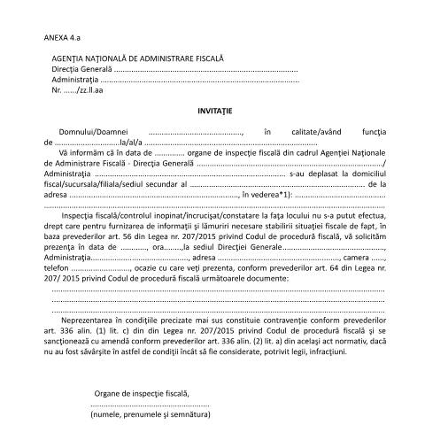 Document preview: Invitație (OPANAF 3711/2015) — Documente emise, România (CERFA n°O3711_15_A4)