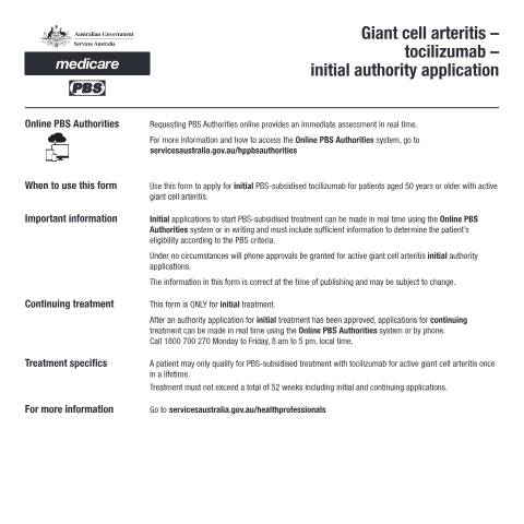 Document preview: Giant cell arteritis - tocilizumab - initial authority application form (PB272) — Services Australia — Health professionals, Australia (CERFA n°PB272)