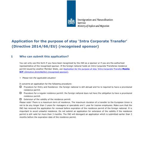 Documentvoorvertoning: Application for the purpose of stay 'Intra Corporate Transfer' (Directive 2014/66/EU) (recognised sponsor) — IND — immigratie, Nederland (CERFA n°7560)