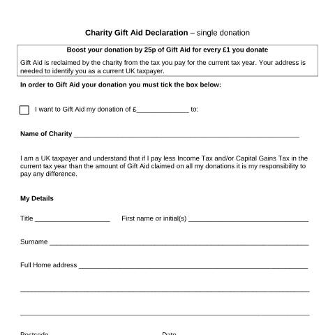 Document preview: Charities and CASC: Gift Aid declaration forms for a single donation — HM Revenue & Customs, United Kingdom