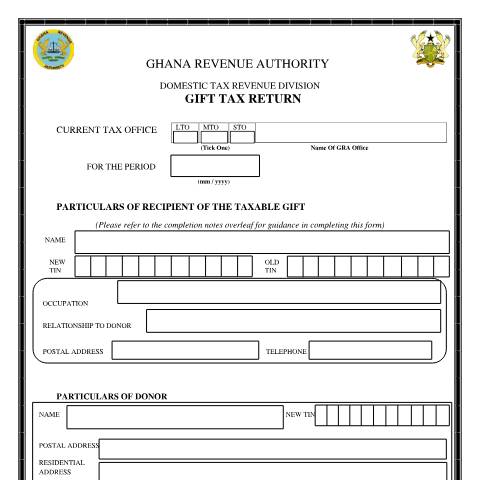 Document preview: Gift Tax Return Form — tax, Ghana (CERFA n°DT-0112)