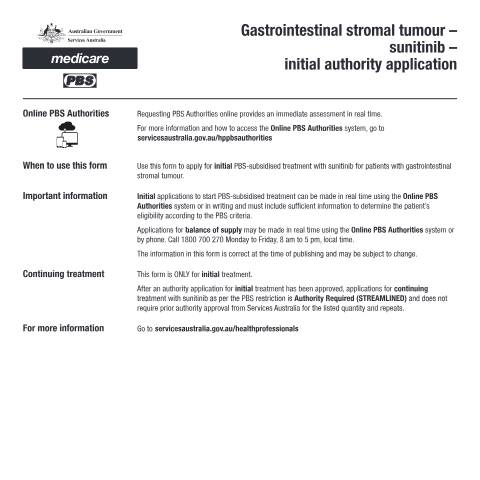 Document preview: Gastrointestinal stromal tumour - sunitinib - initial authority application form (PB096) — Services Australia — Health professionals, Australia (CERFA n°PB096)