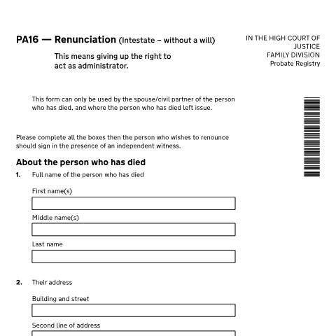 Document preview: Give up probate administrator rights: Form PA16 — HM Courts & Tribunals Service, United Kingdom