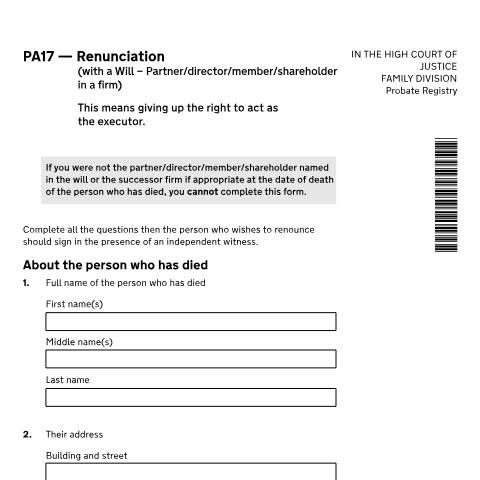 Document preview: Give up probate executor rights for probate practitioners: Form PA17 — HM Courts & Tribunals Service, United Kingdom