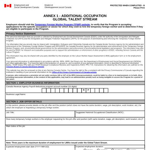 Document preview: Global Talent Stream – Annex 1 Additional Occupation — Foreign Worker Program, Canada (CERFA n°EMP5625)