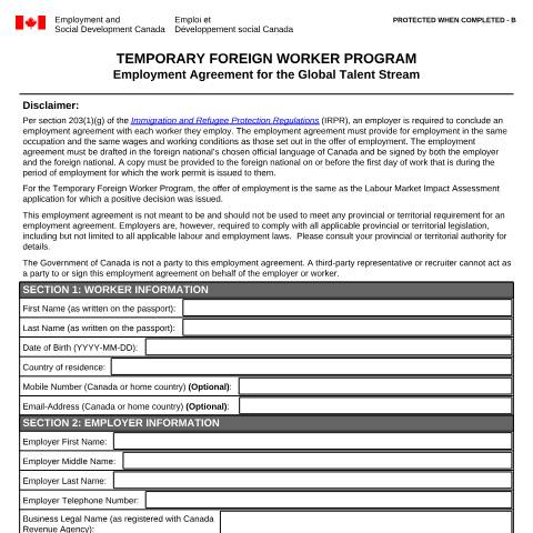 Document preview: Employment Agreement for the Global Talent Stream — Foreign Worker Program, Canada (CERFA n°EMP5713)