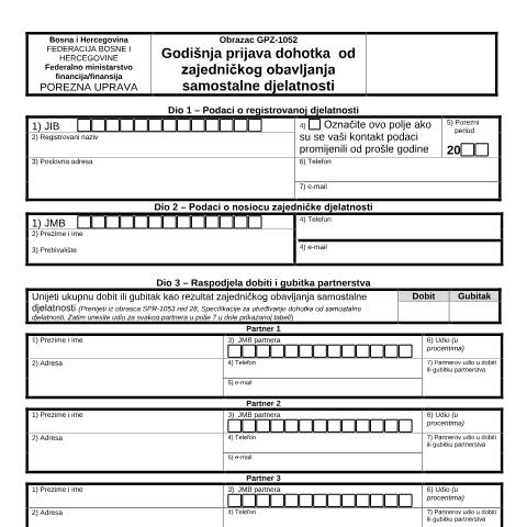 Document preview: GODIŠNJA PRIJAVA DOHOTKA OD ZAJEDNIČKOG OBAVLJANJA SAMOSTALNE DJELATNOSTI — Obrazac | Fizičko lice - obrtnik, Fizičko lice - građanin | Porez na dohodak, Bosna i Hercegovina (CERFA n°GPZ-1052)