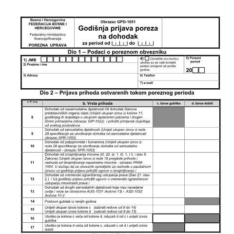 Document preview: GODIŠNJA PRIJAVA POREZA NA DOHODAK — Obrazac | Fizičko lice - obrtnik, Fizičko lice - građanin | Porez na dohodak, Bosna i Hercegovina (CERFA n°GPD-1051)