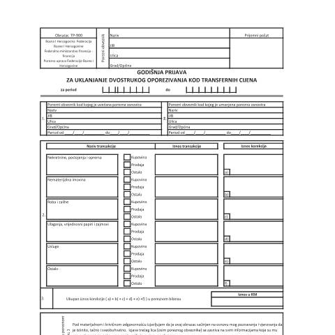 Document preview: GODIŠNJA PRIJAVA ZA UKLANJANJE DVOSTRUKOG OPOREZIVANJA KOD TRANSFERNIH CIJENA — Obrazac | Pravno lice | Porez na dobit, Bosna i Hercegovina (CERFA n°TP-900)