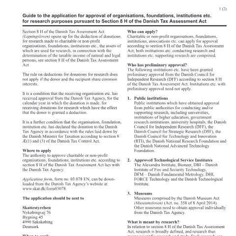 Document preview: Approval according to section 8 H of the Danish Tax Assessment Act (Ligningsloven) 03.078 EN — Vejledning/Instruction — 03 Tax: declarations, Danmark (CERFA n°03.078)