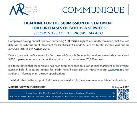 Document preview: Deadline for the submission of Statement for Purchases of Goods &amp; Services (14.08.17) — Document, Mauritius (CERFA n°GoodsandServices)